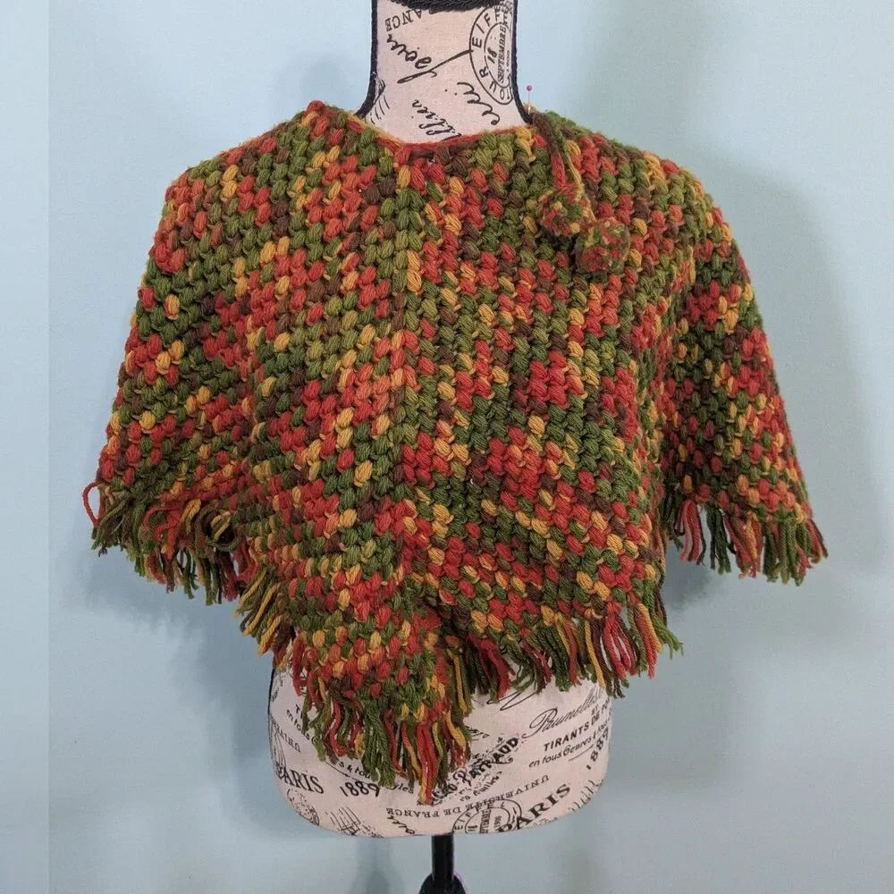 Vintage Crochet Granny Poncho Multicolor Fringe Boho Handmade Cape Wrap